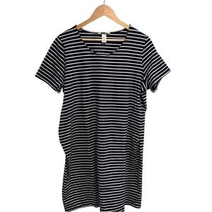 H&M Navy and White Striped Maternity T-Shirt Dress with Ruching Cotton Stretch